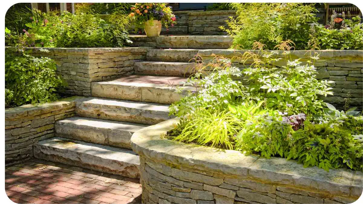 a stone retaining wall in front of a house