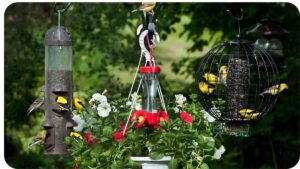 several birds are hanging from a bird feeder