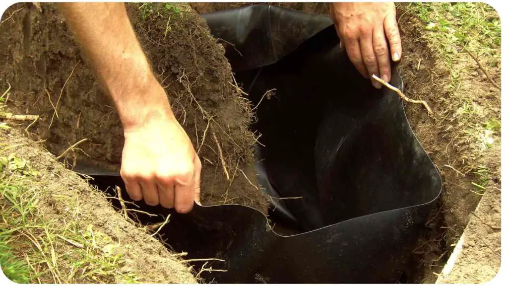 a person is digging a hole in the ground with a black plastic sheet