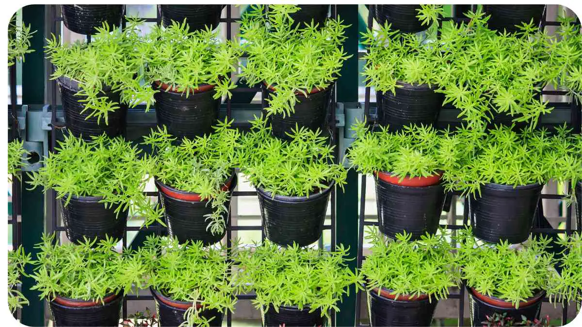 plants growing in pots on a wall