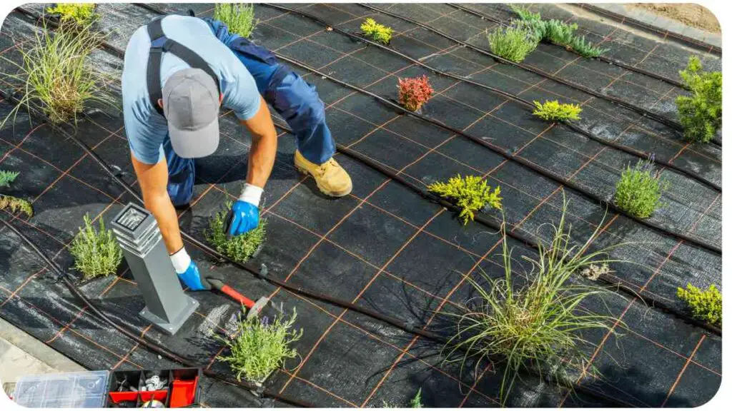 A person working on a garden with plants on the ground