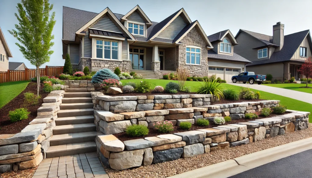 DALL·E 2024 09 14 12.37.17 A stone retaining wall in front of a house built from natural stones of various sizes and colors. The wall is neatly constructed with clean lines an