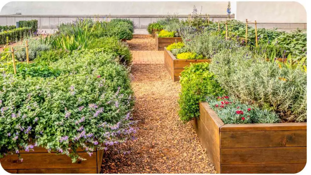 a garden with many different types of plants in wooden planters