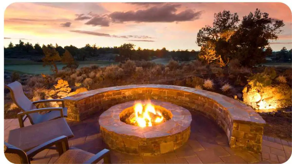 an outdoor fire pit with chairs and a view of the sunset