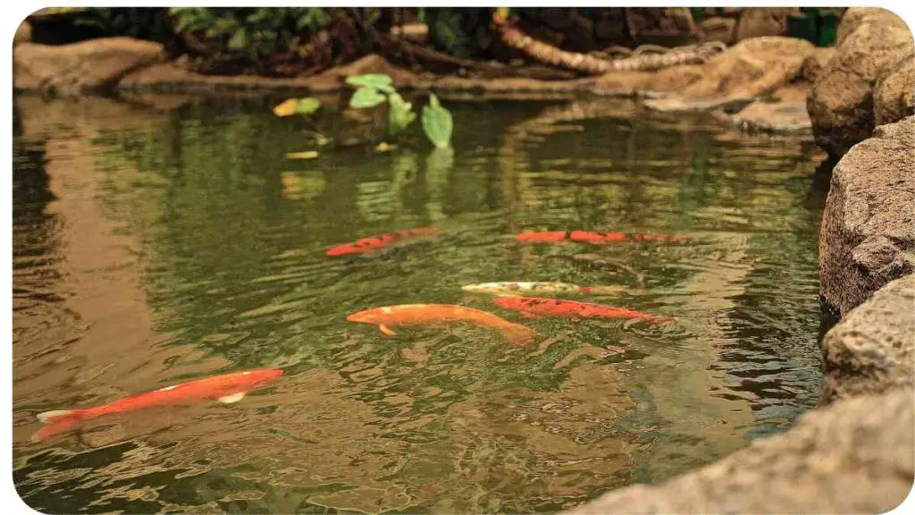 several koi fish swimming in a pond near rocks