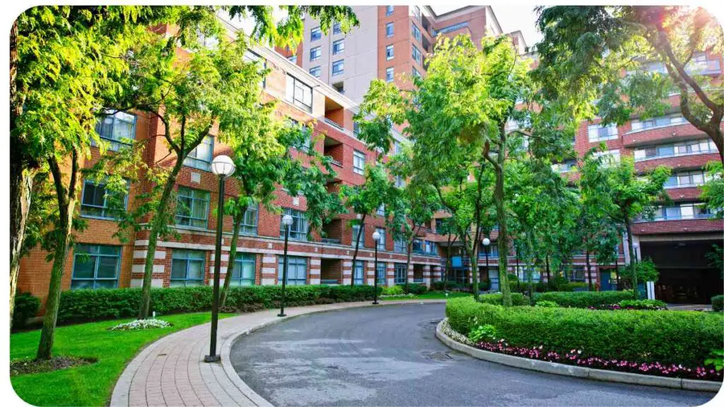 an apartment building with trees and bushes in front of it