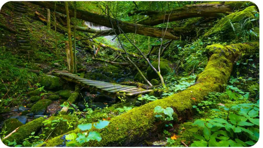 a wooden bridge in the middle of a mossy forest