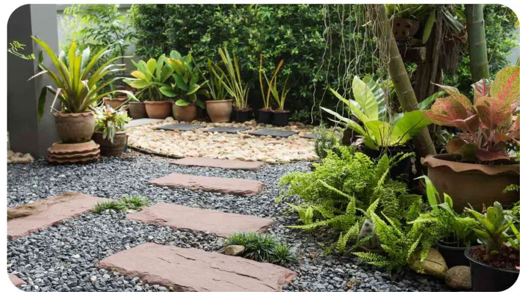 a small garden with potted plants and stones