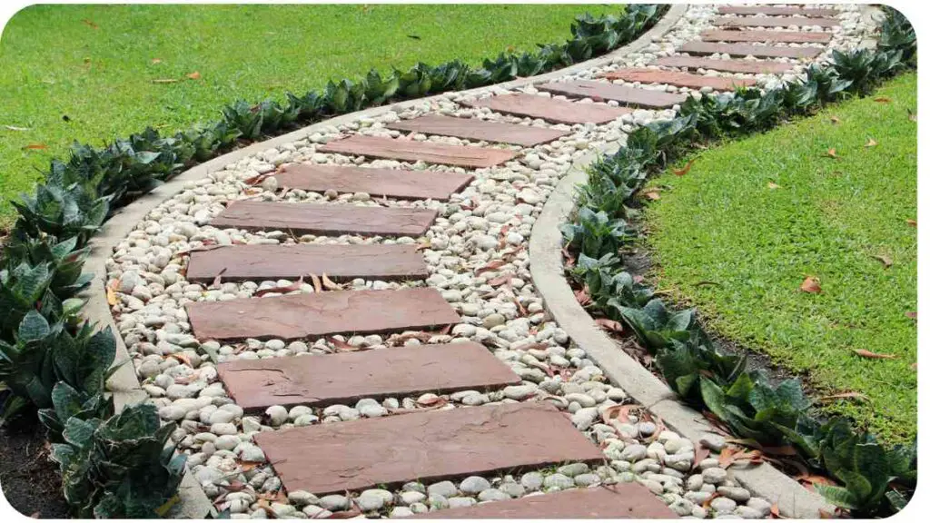 a stone pathway in the middle of a grassy area