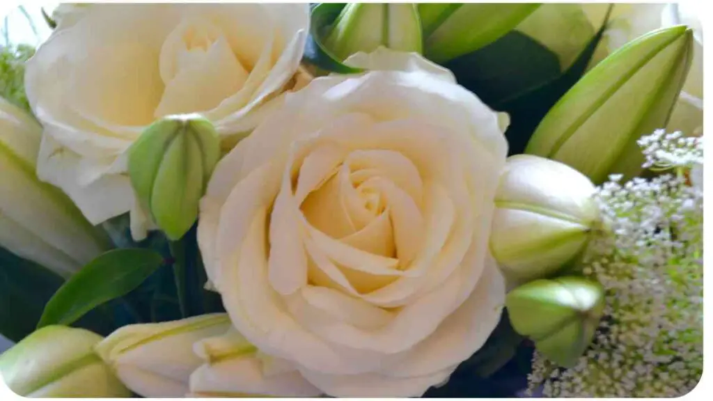 a bouquet of white roses and baby's breath